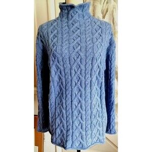 Vintage Chunky Cable Knit Sweater Women M Cotton Wool Blue High Neck
